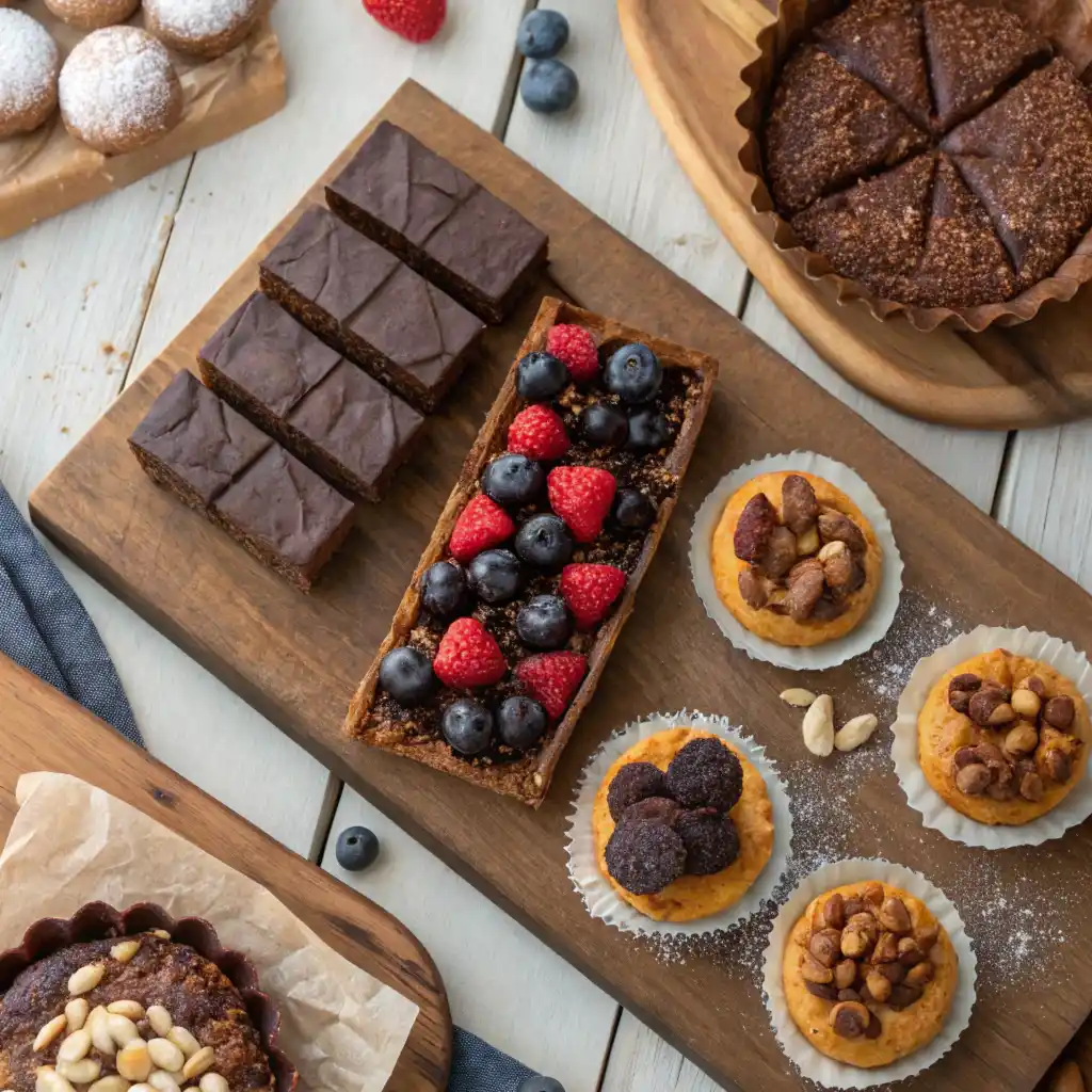Assorted desserts including chocolate brownies, a mixed berry tart, and nut-topped mini cheesecakes.
