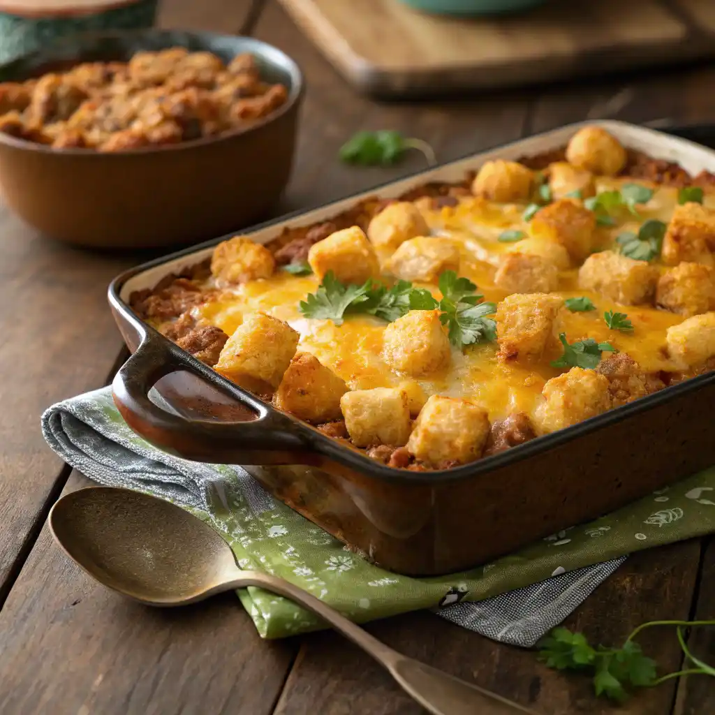 Hot Cowgirl casserole topped with melted cheese, crispy tater tots, and fresh parsley.